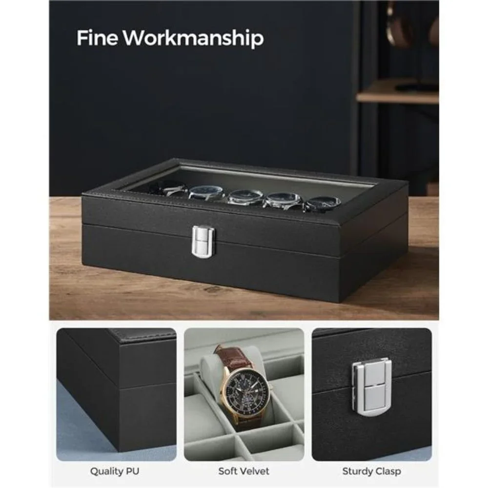Watch Box, 12-Slot Watch Case Organizer with Large Glass Lid, Removable Pillows